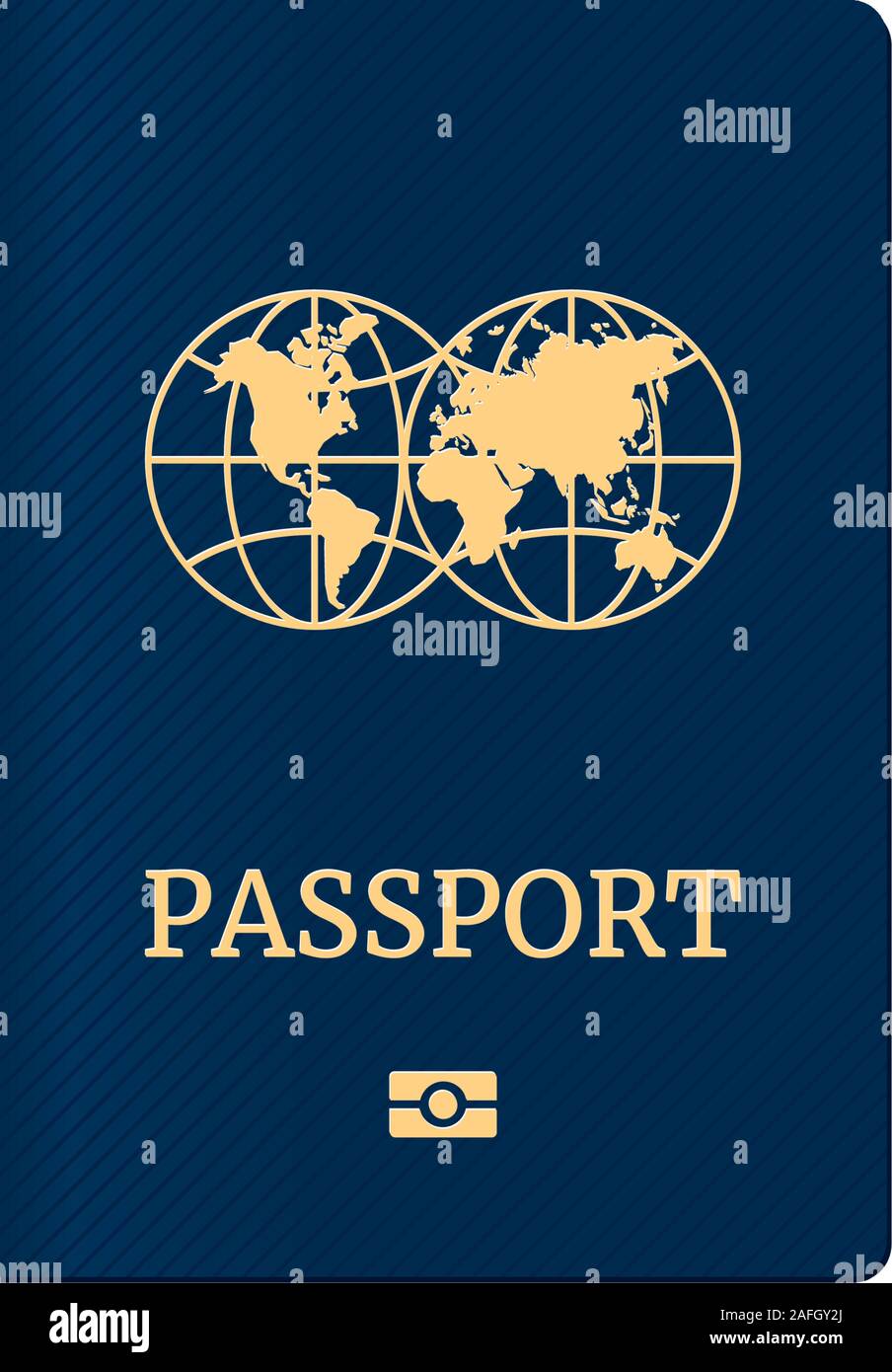 Passport with world map globe on blue cover. Biometric identification document for travel template. Vector illustration Stock Vector