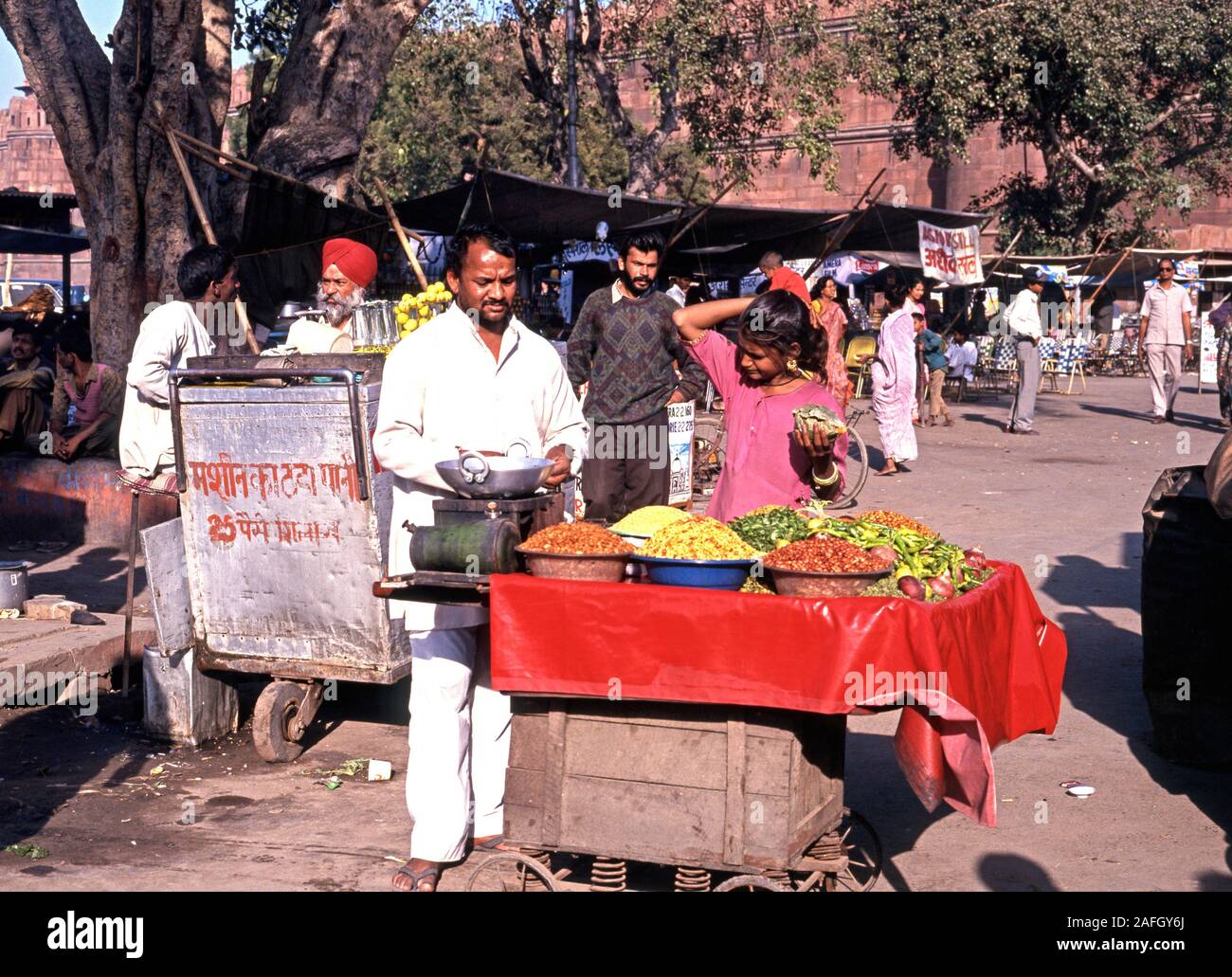 Roadside snack stalls and sellers outside the Red Fort, Delhi, Delhi Union Territory, India. Stock Photo