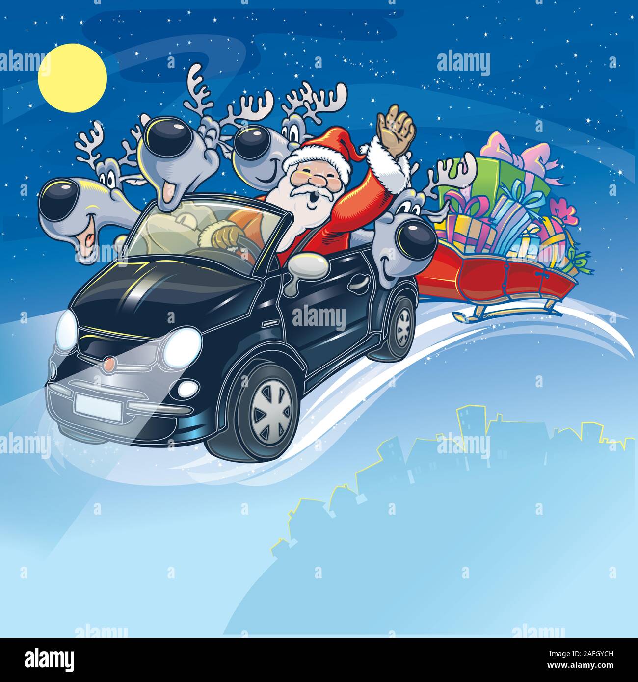 Santa Claus driving a car with his reindeers Stock Vector