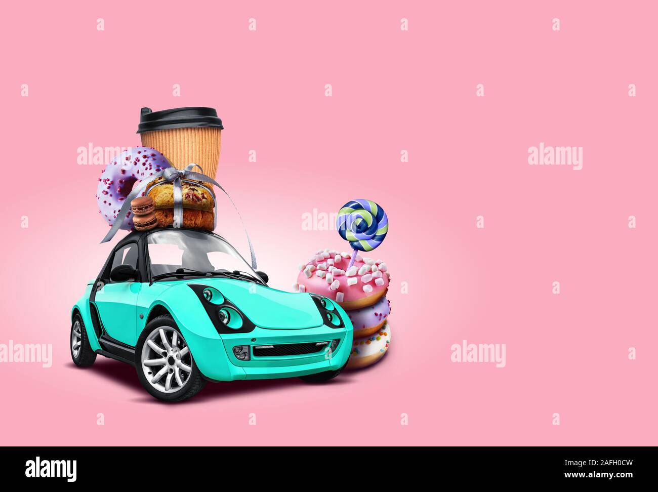 Turquoise car on pink background. Donuts, candy canes, coffee, cookies, chocolate macarons on the roof of it. Collage. Copy space, close-up. Stock Photo