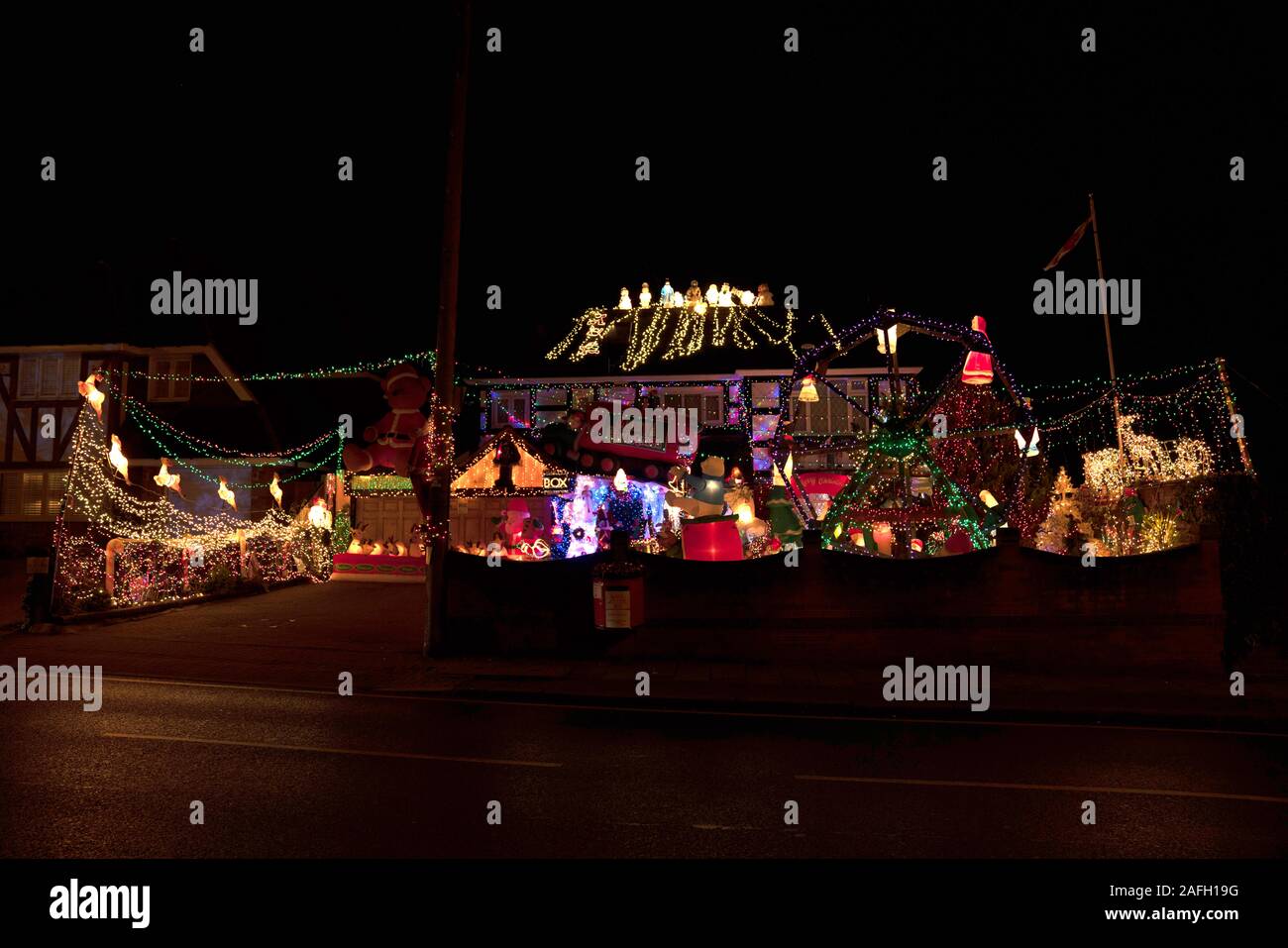 Christmas lights on display at a house in Hayes Lane, Bromley, London. The house is well known