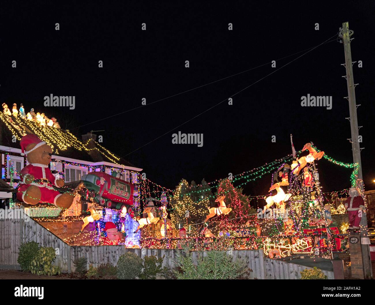 Christmas lights on display at a house in Hayes Lane, Bromley, London. The house is well known