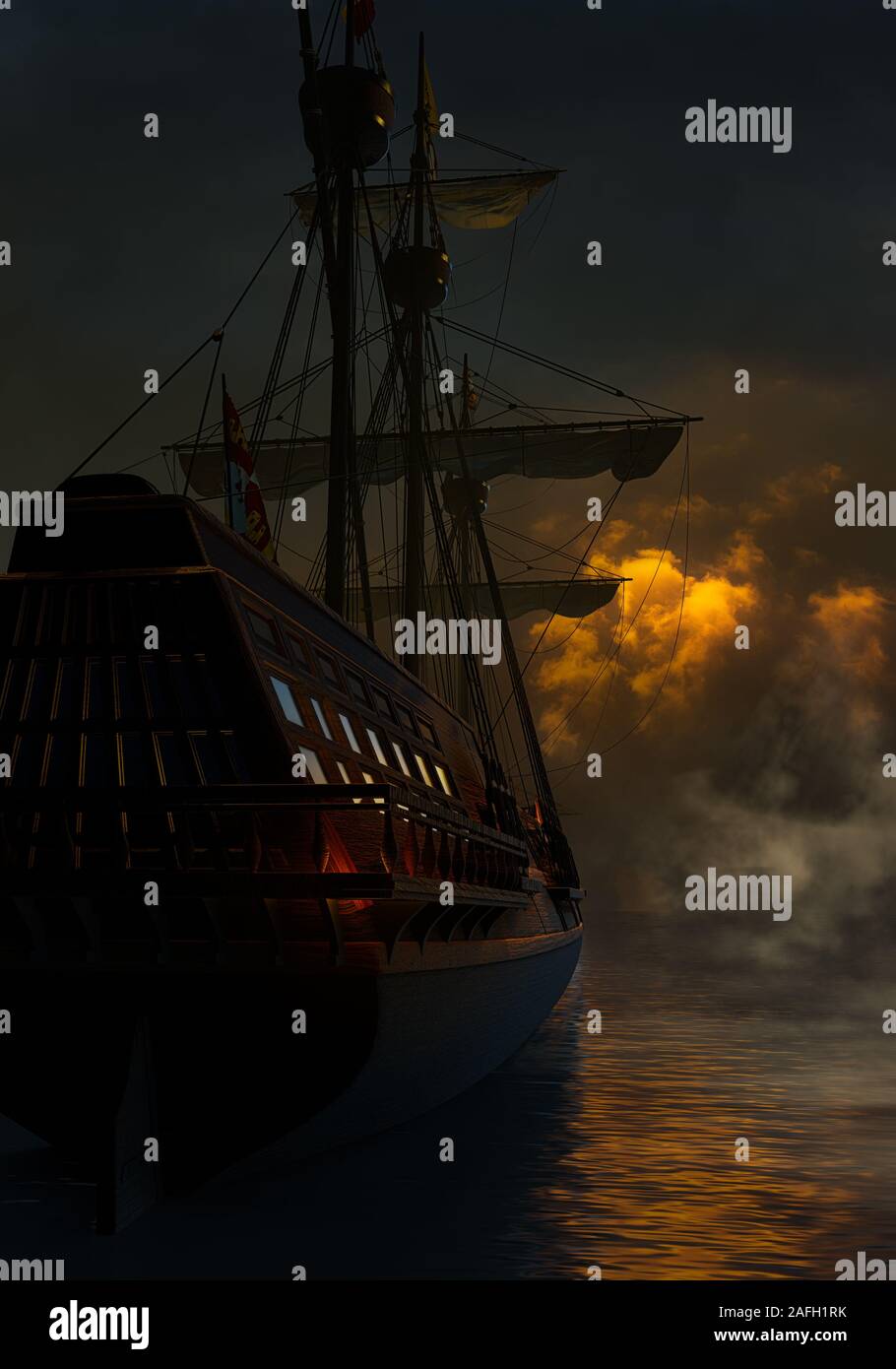 Galleon, old time ship on the sea under the shining night sky with smoke atmosphere. 3D Illustration. Stock Photo