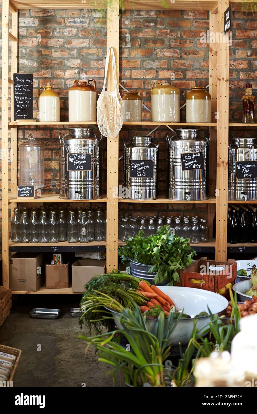 Dispensers For Vinegar In Sustainable Plastic Free Grocery Store Stock Photo Alamy