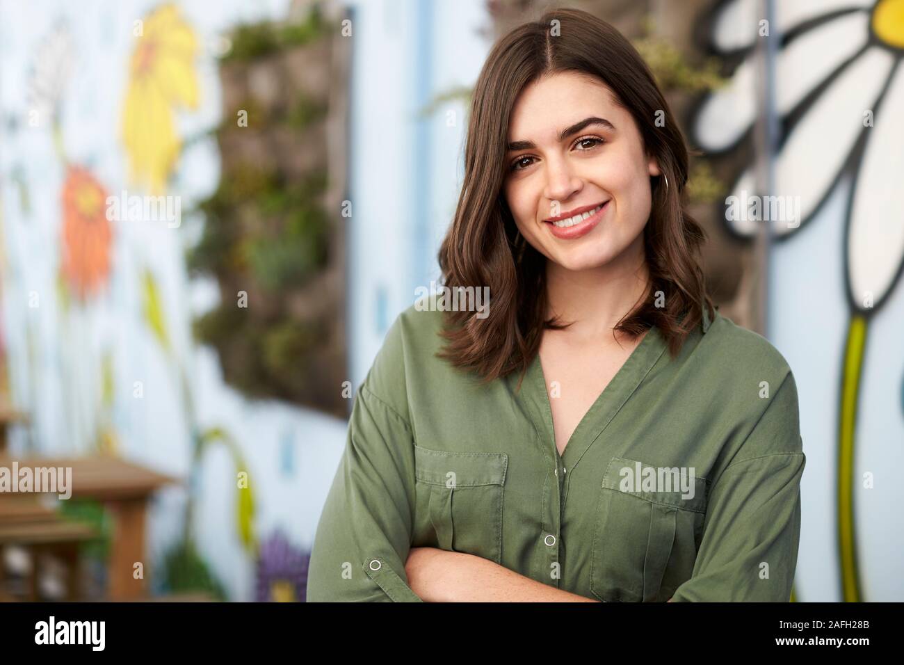 Outdoor Head And Shoulders Portrait Of Smiling Young Woman Stock Photo ...