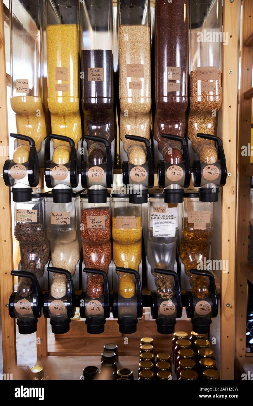 Dispensers For Cereals And Grains In Sustainable Plastic Free Grocery Store Stock Photo