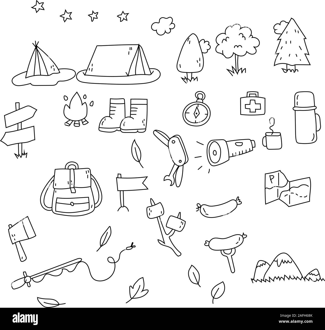 Hand drawn seamless pattern, picnic, travel and camping doodles Stock ...