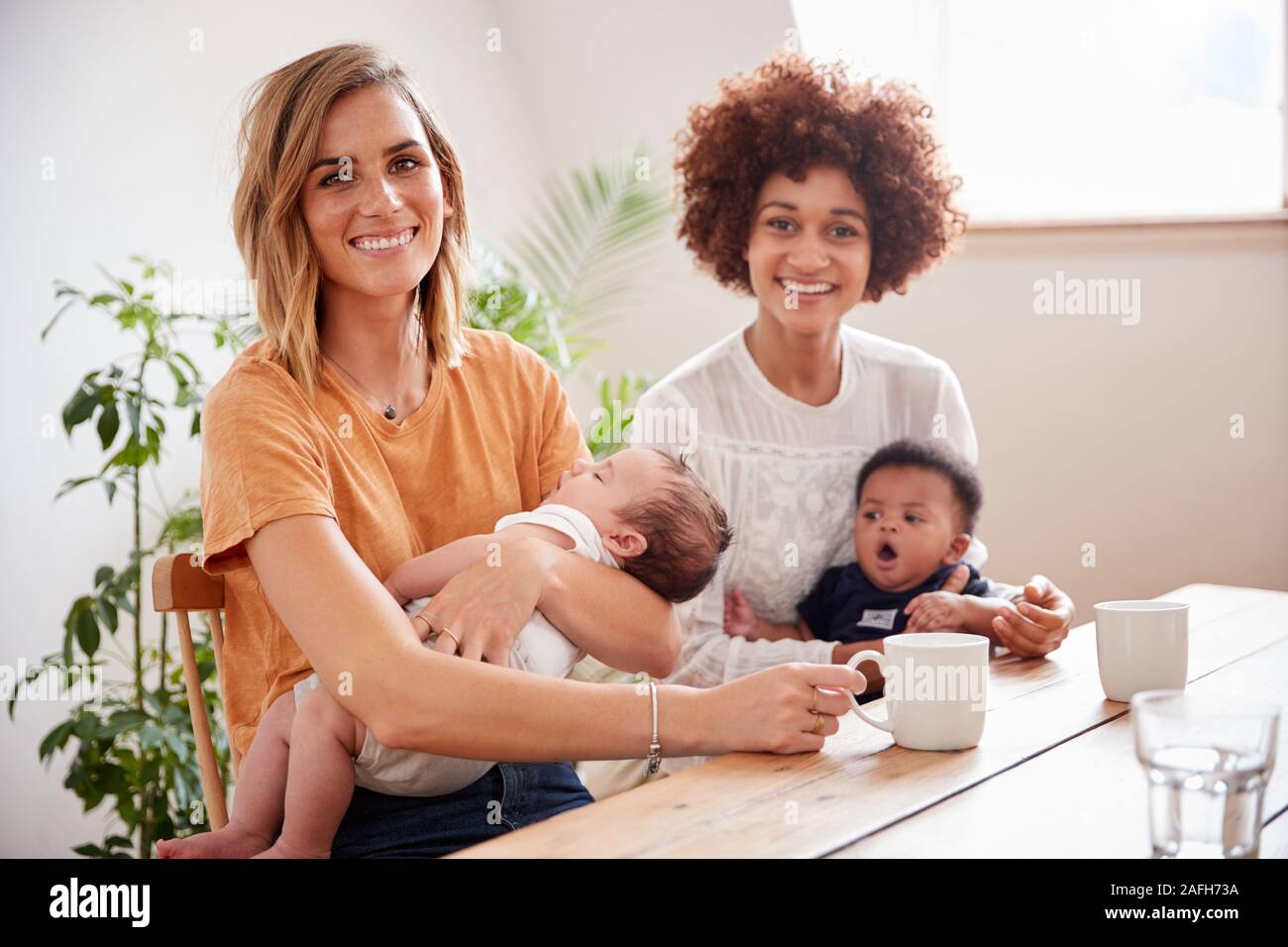 Portrait Of Two Mothers With Babies Meeting Around Table On Play Date At Home Stock Photo