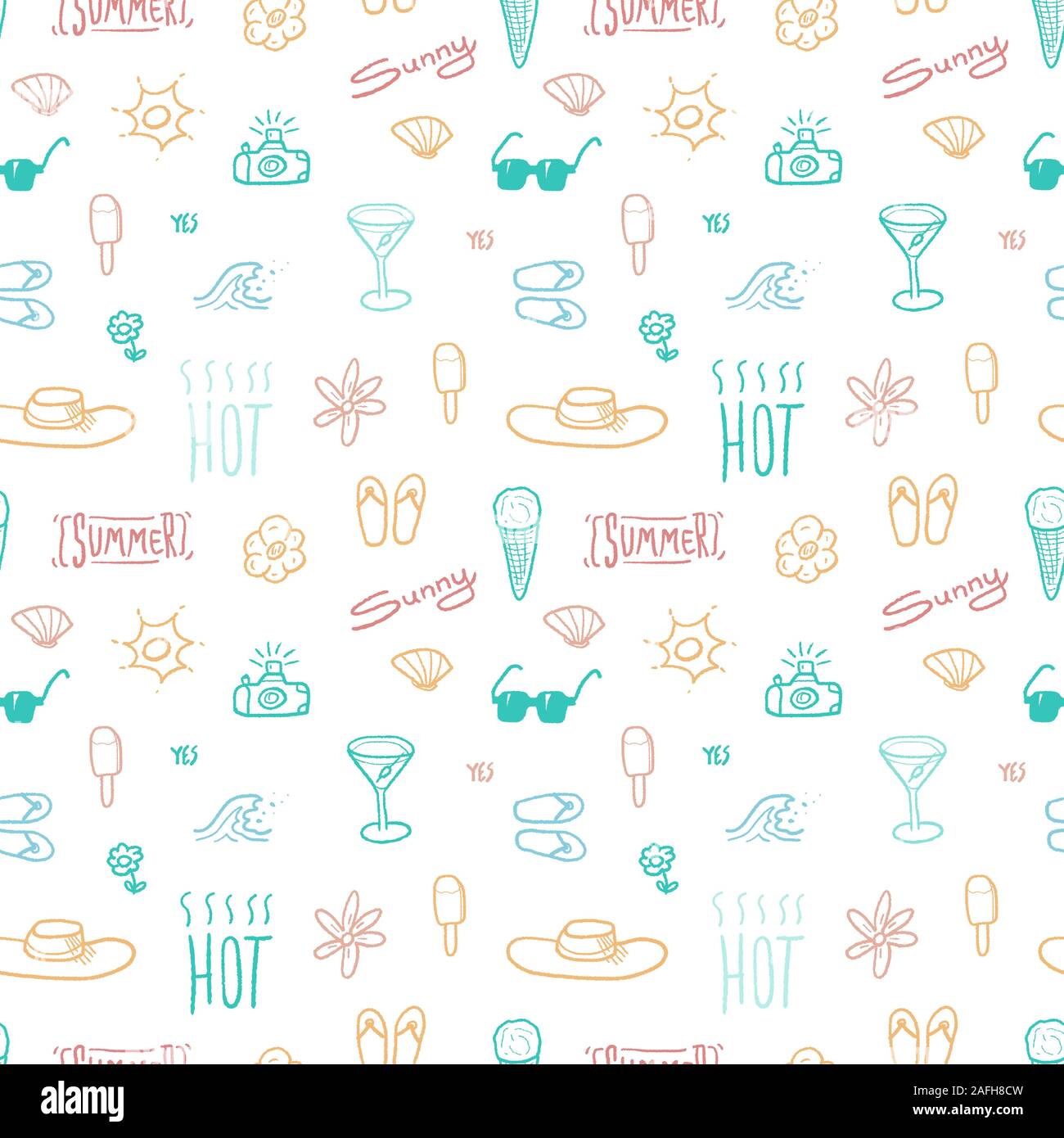 Summer doodle - seamless vector pattern with beach vacation subject ...