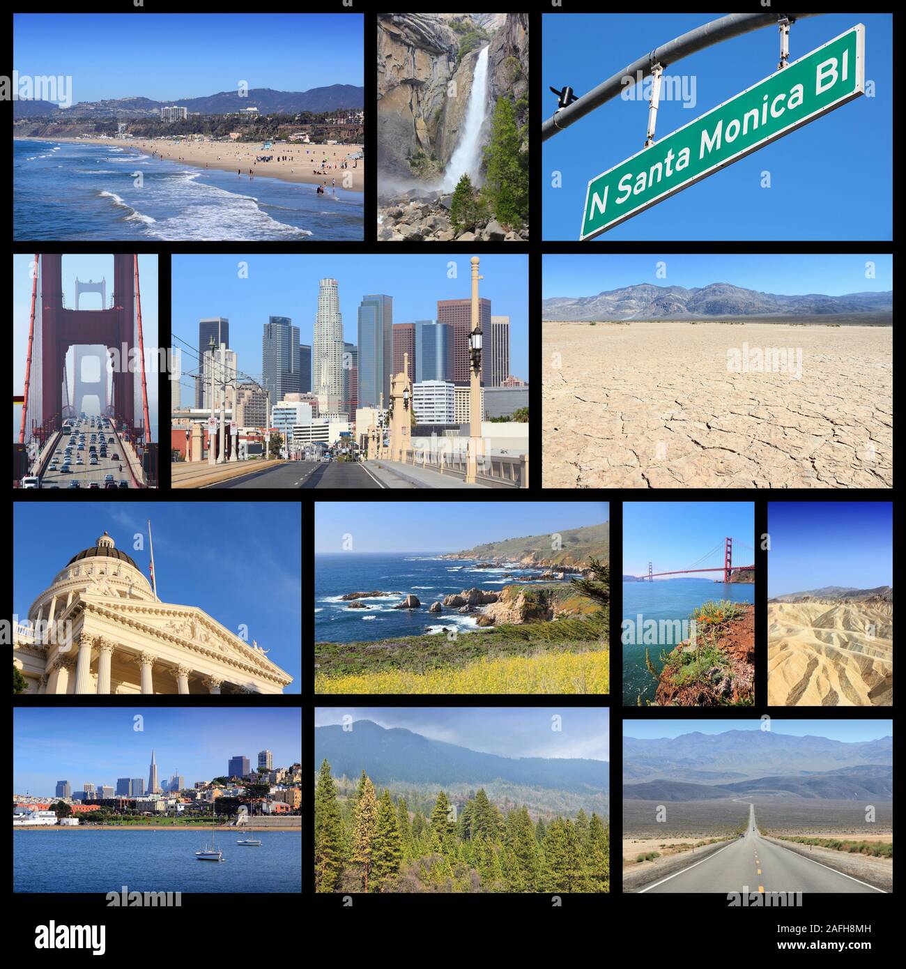 California landmark photos collage with Los Angeles, San Francisco, Sacramento, Death Valley and Pacific Coast. Stock Photo