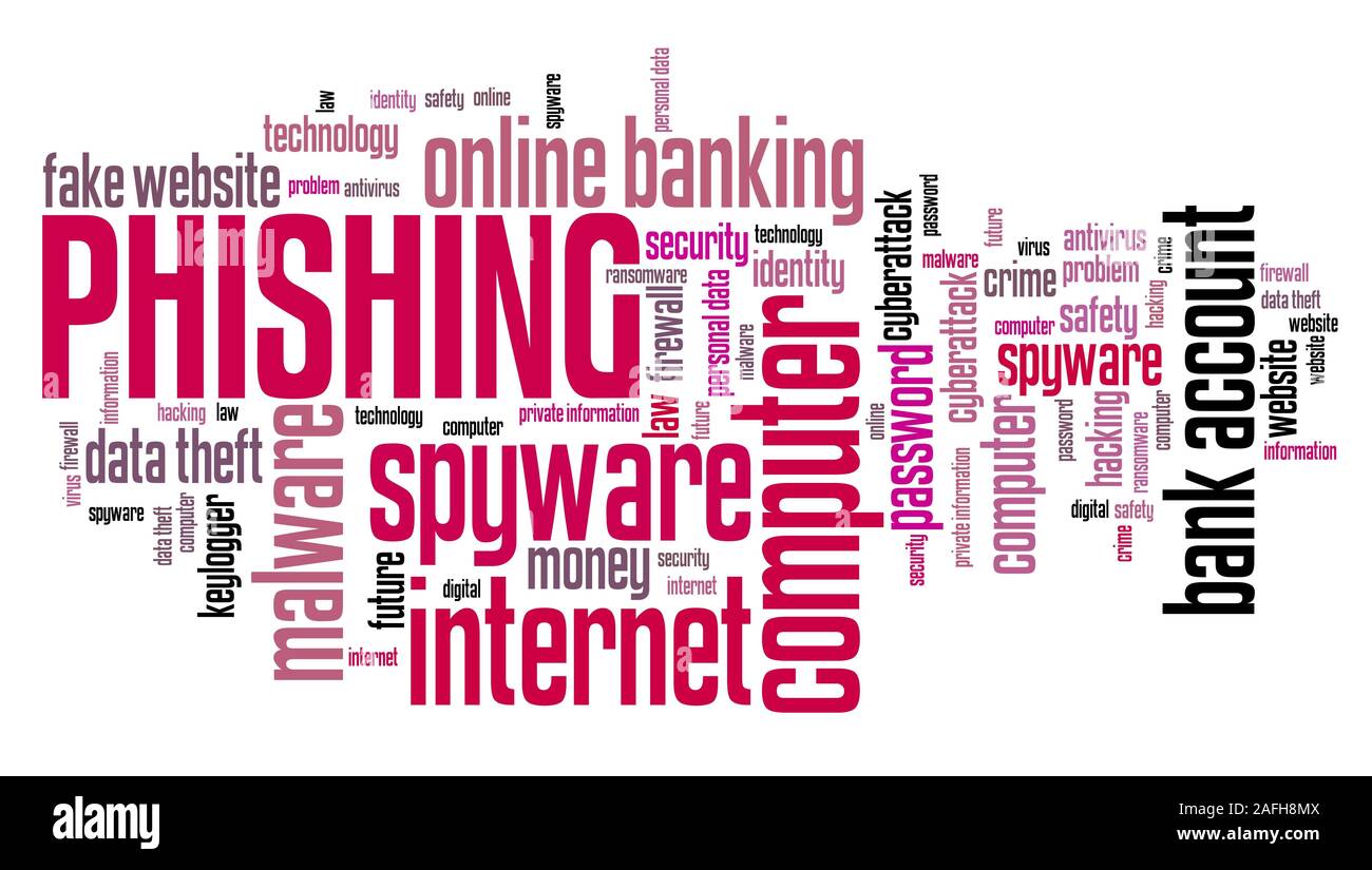 Phishing in online banking concept - compromised computer security. Word cloud. Stock Photo
