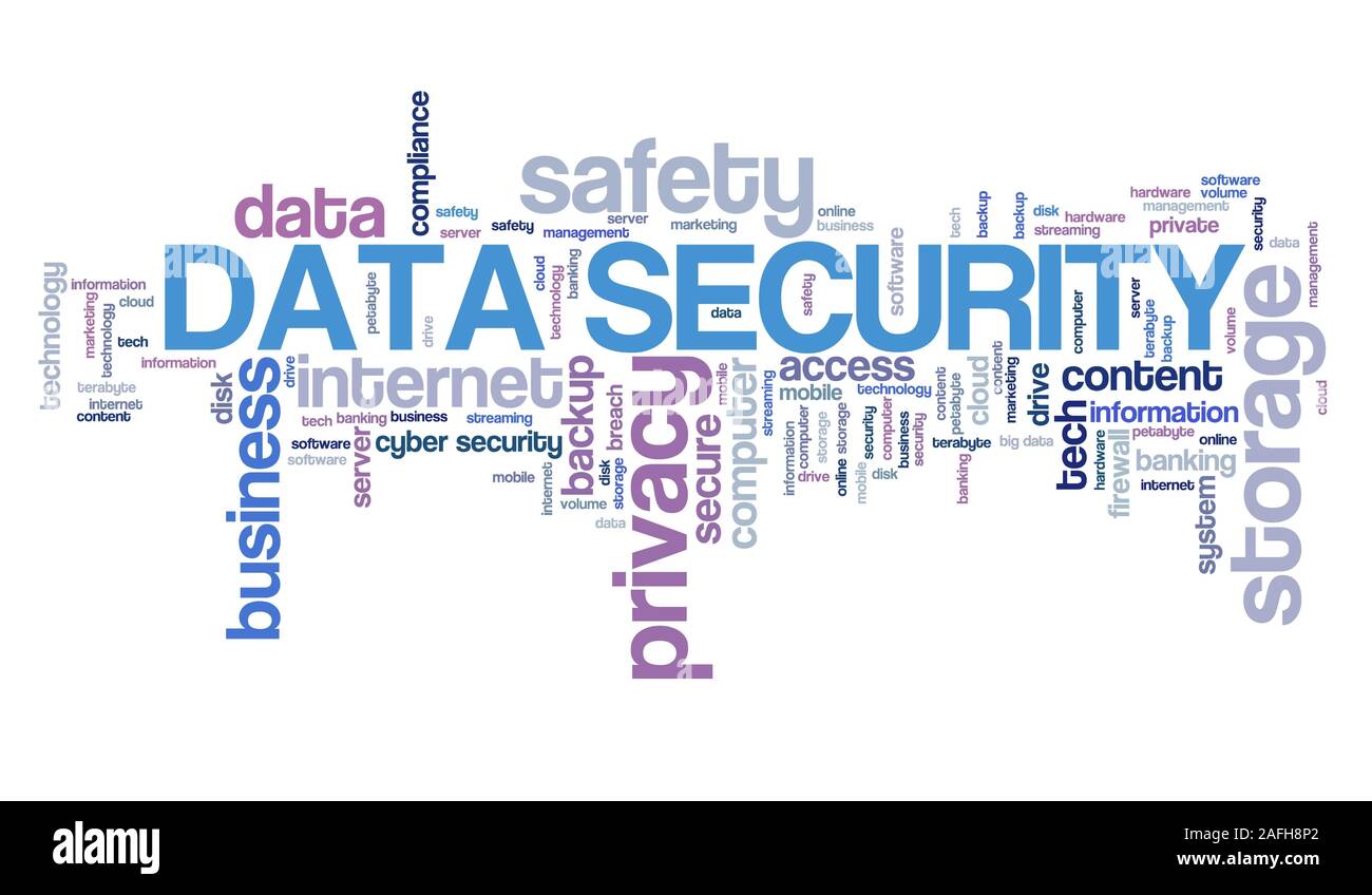 Data security - information privacy and safe storage technology concept. Word cloud. Stock Photo