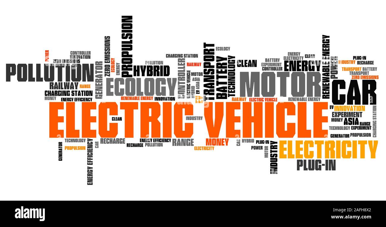 Electric vehicle transportation issues and concepts tag cloud illustration. Word cloud collage