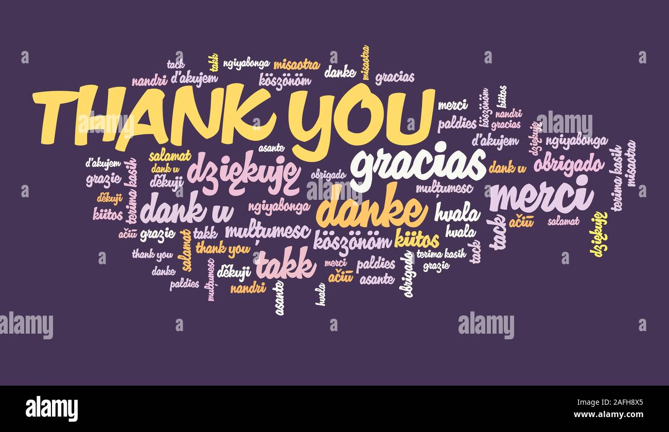Thank you message sign. International thank you sign in many languages including English, French