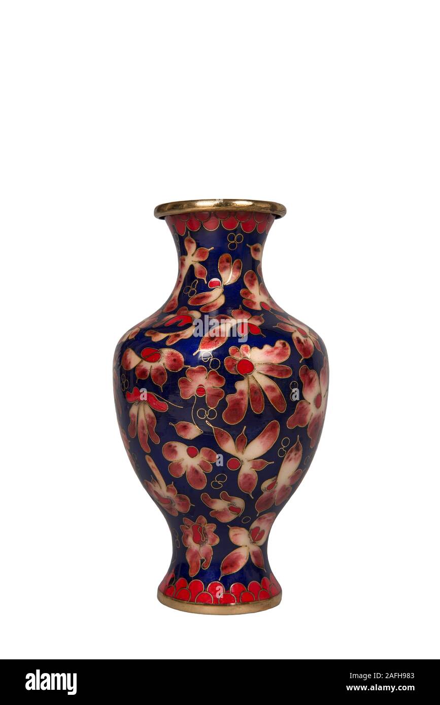 Antique Chinese Cloisonne enamel vase isolated on white background Stock Photo
