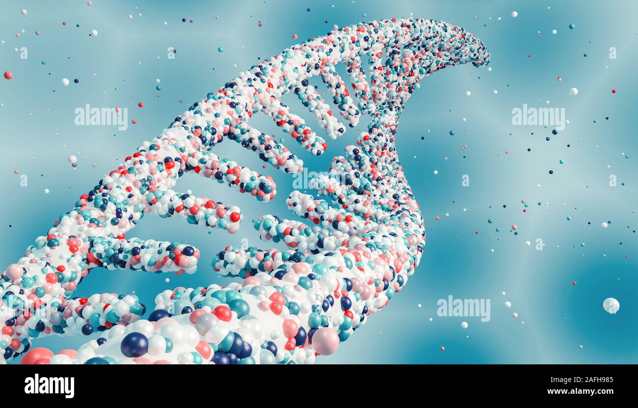 Dna strands double helix closeup and colorful particles on blue background and copy space