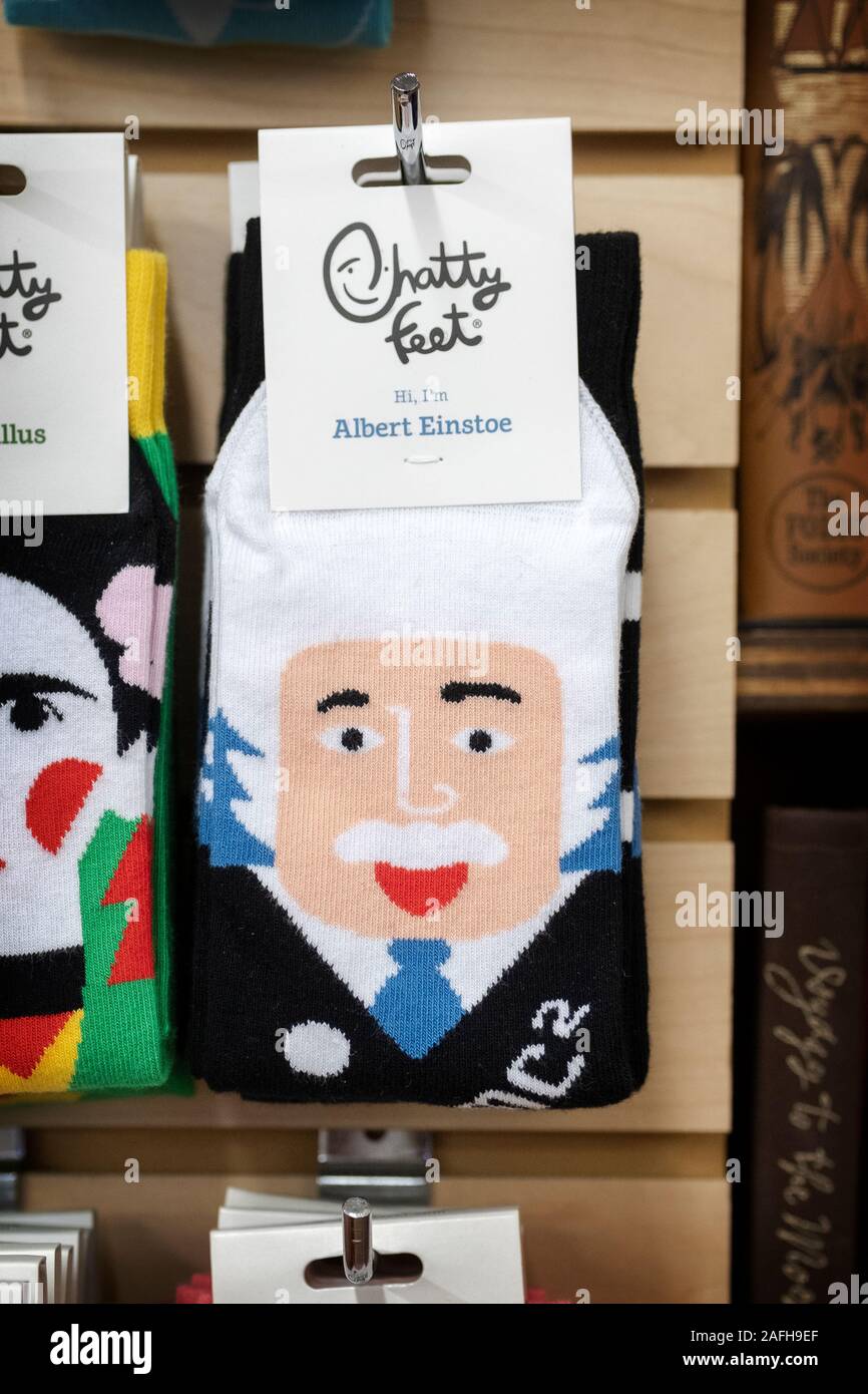 Albert Einstein socks for sale at the Strand Book Store on Broadway in lower Manhattan, New York City. Stock Photo