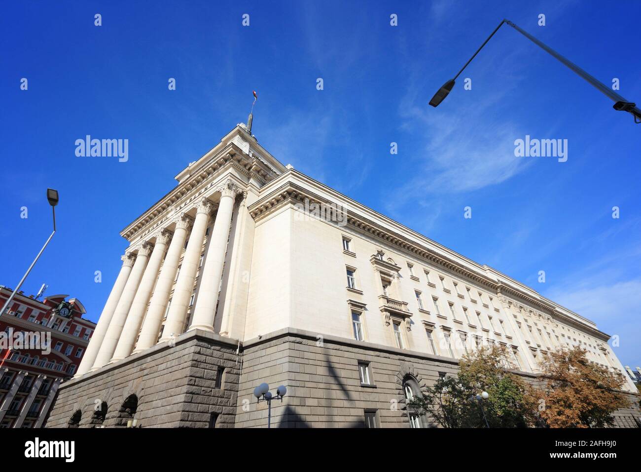 Bulgarian Parliament building in Sofia, the capital city. The text on the facade reads Narodno Sabranie (National Assembly). Stock Photo
