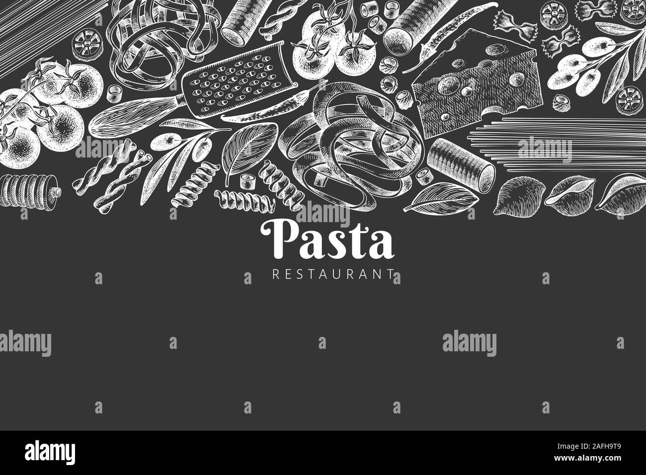Italian pasta with addition design template. Hand drawn vector food illustration on chalk board. Engraved style. Retro pasta different kinds backgroun Stock Vector