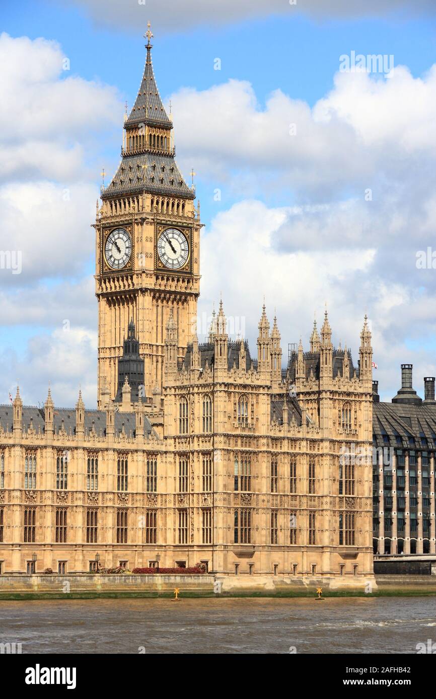 London UK - Palace of Westminster (Houses of Parliament) with Big Ben clock tower. UNESCO World Heritage Site. Stock Photo