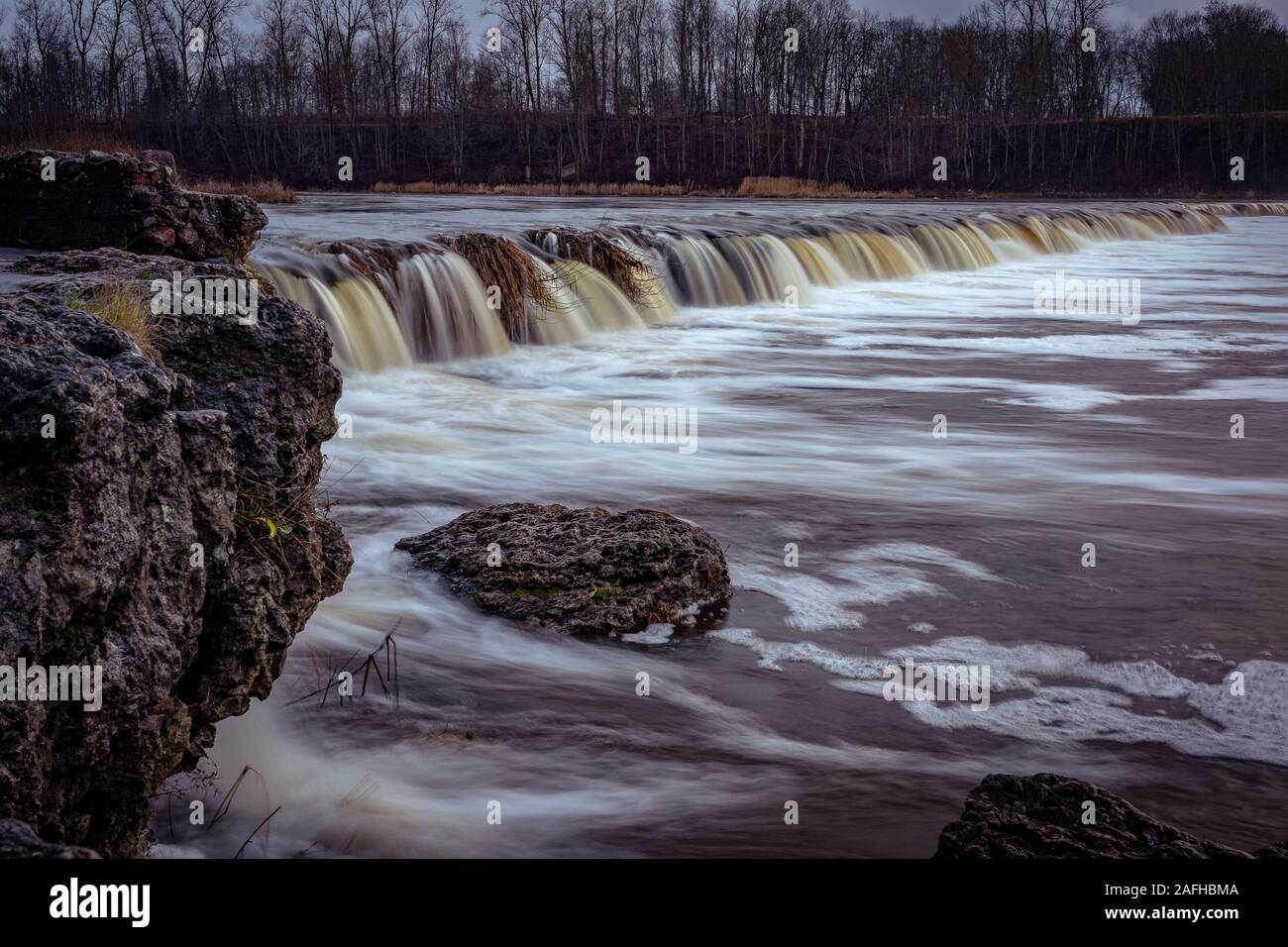 The Venta Rapid in Kuldiga, Latvia. A 240-meter wide natural rapid is the widest in Europe. Stock Photo
