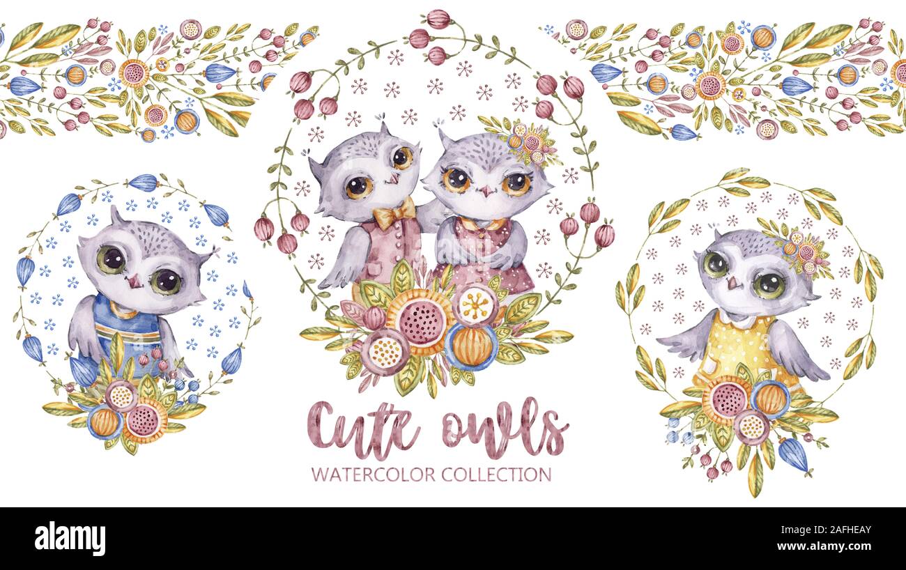 Nursery Watercolor cute family owls in boho style. Hand painted watercolour Funny cartoon animals character. Baby boy and girl t shirt print with hand Stock Photo