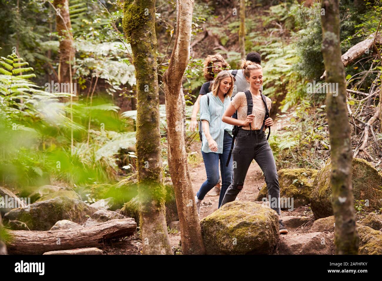Four millennial friends hiking single file on a forest trail, full length Stock Photo
