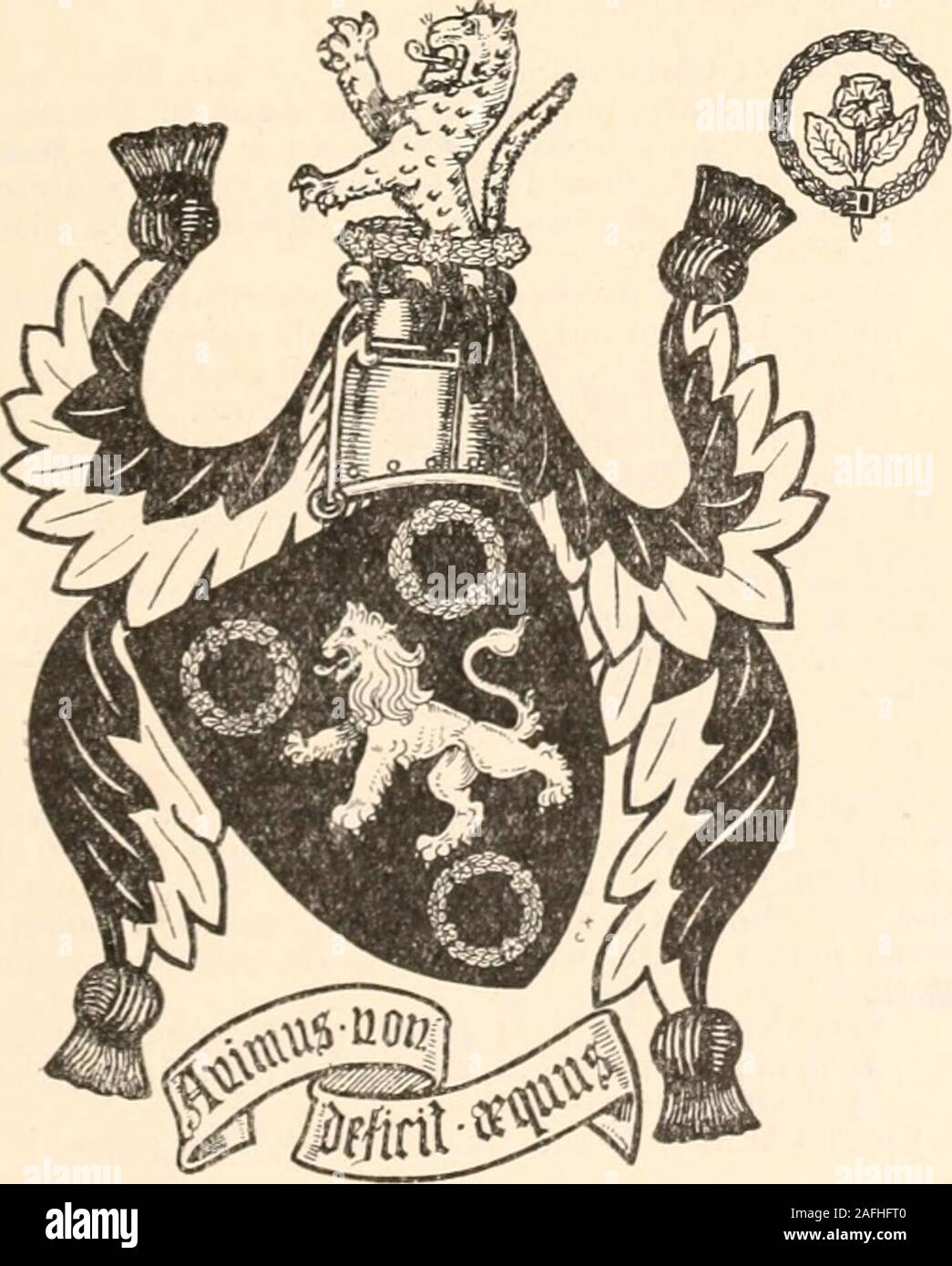 . Armorial families : a directory of gentlemen of coat-armour. illed in action 1918 [m. Rose Evelyn, d. of Capt. FrederickSandford, Gren, Gds., and left issue—Christopher RichardSandfordBuckle, Gentleman,ft. 1916]; DorisEden[OT. 1921,J. H. Woodgerof University Coll., London]; Phyllis Norton[m. 1919, Rev. Eric Graham]; Judith St. John ; and MarySybil Christian. J?es.—Beechwood, lifley, Oxford.r BUCKLE, formerly of Chaceley (H. Coll., 10 Feb.1916). Sable, a lion rampant or between three chapletsof roses argent. Mantling sable and or. Crest—On awreath of the colours, issuant out of a chaplet of r Stock Photo