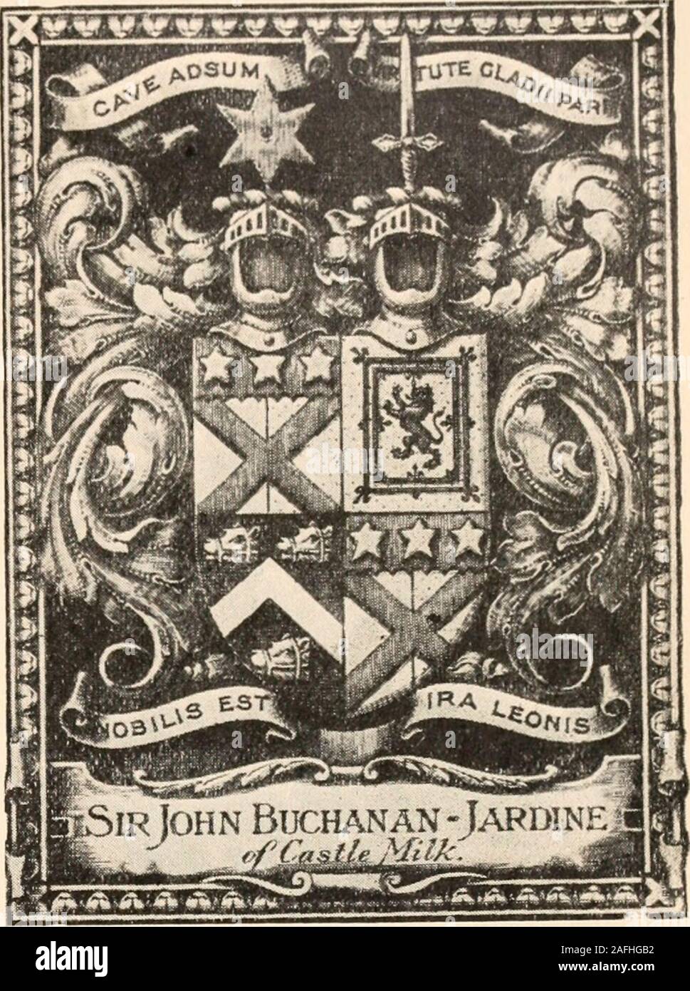 . Armorial families : a directory of gentlemen of coat-armour. d argent. Crest—Adexter hand couped at the wrist holding a sword palewiseproper, hilted and pommelled or, between two branchesof maple also proper. Motto— For God and duty.Son of Buchanan, Gentleman, b. ; Lonn Clark Buchanan, Gentleman, b. Res.— Elmview Farm, Belmont, Peterborough, Ontario,Canada. BUCHANAN-JARDINE (L.O., rematric, 26 Dec,1927). Quarterly, i and 4, parted per pale ardent andor, a saltire gules, on a chief engrailed of the third threemullets of the first (for Jardine, L.O., 1885, matnc,1905) ; 2, or, a lion rampant g Stock Photo