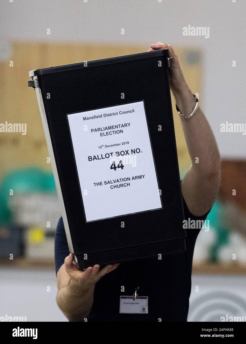 Ballot boxes arrive at the count venue, Civic Center, Mansfield, Nottinghamshire, England, UK Stock Photo