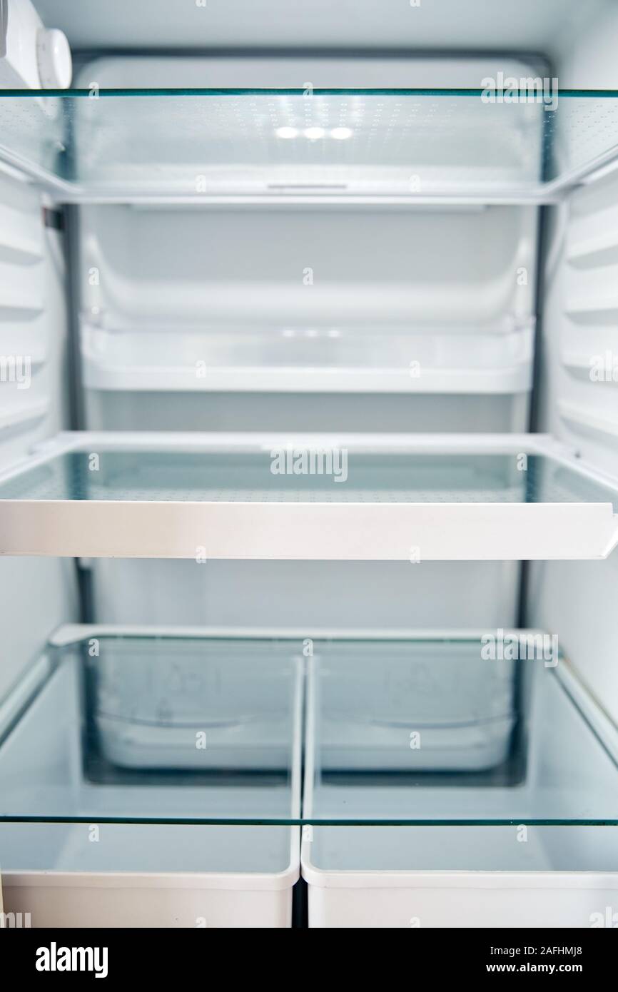View Looking Inside Empty Refrigerator With Closed Door Stock Photo