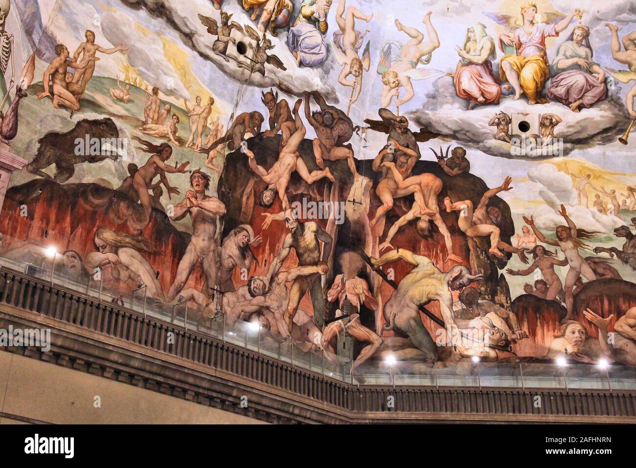 FLORENCE, ITALY - APRIL 30, 2015: Hell and damnation depiction of Cathedral dome painting in Florence, Italy. The Brunelleschi's dome was painted by G Stock Photo