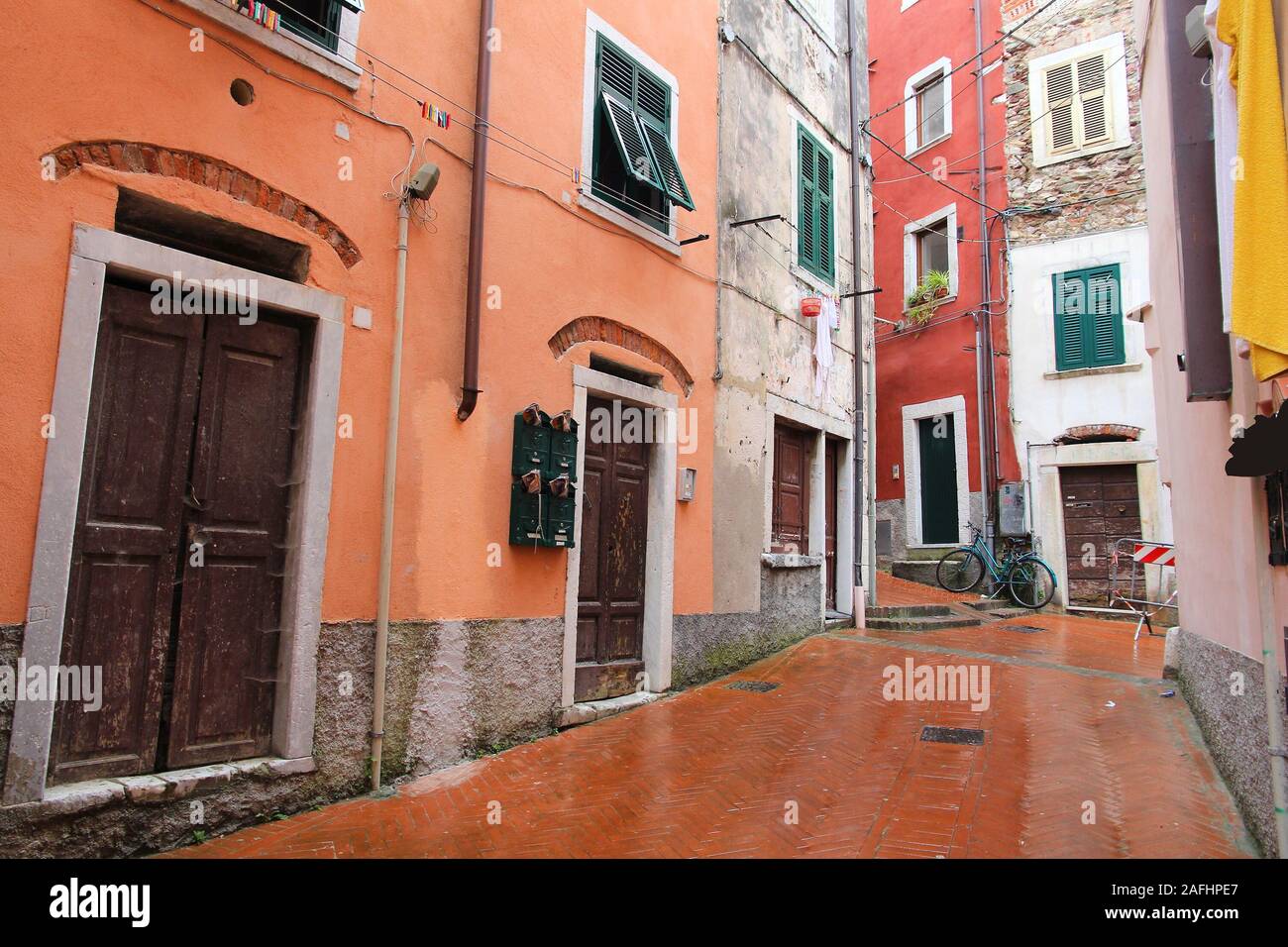 Carrara, Italy - Old Town in the region of Tuscany. Rainy street view. Stock Photo