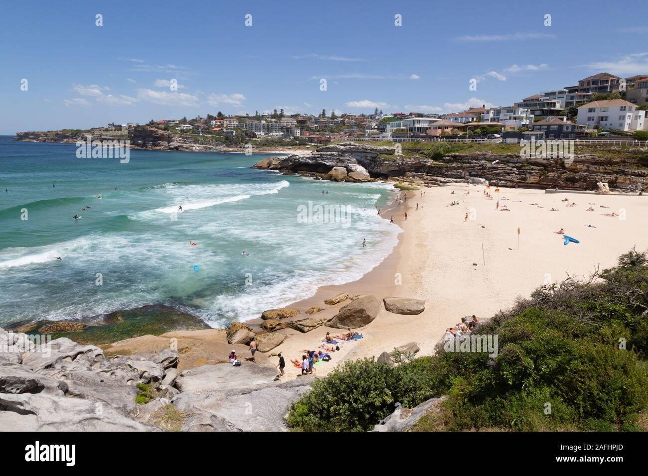 Sydney beach; Tamarama beach, a small sandy beach in Sydney seen in spring sunshine, Sydney Australia Stock Photo