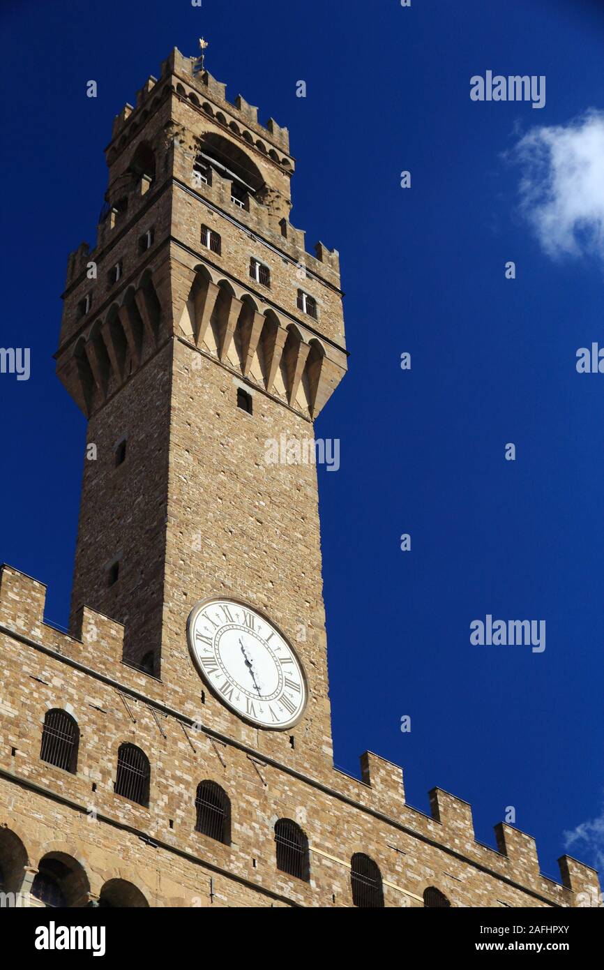 Palazzo Vecchio in Florence. Old town romanesque architecture in Tuscany, Italy. Stock Photo