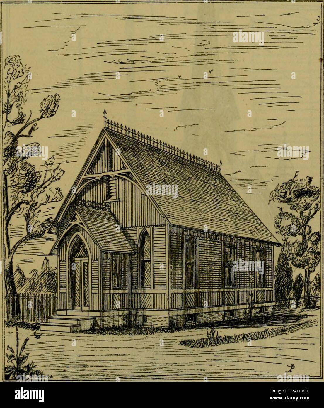 . Annual reports of the boards to the General Assembly. DESIGN No. 6.—DESCRIPTION. This very neat desijyn is for a small brick chapel, and will cost a littleover $2,000. If built of wood, the cost wiU be about $1,500. Theaudience room is ^OxoO feet, and Avill seat about 250 persons comfort-ably. The finish is plain, walls and ceilinp^s plastered, walls wainscottedon all sides, windows of stained {j^lass. The cellar excavated under thecenter of church for heaters and coal. The timbers of roof can be left exposed, and ceihnf? paneled, whichwould make a handsome finish, and add but little to the Stock Photo