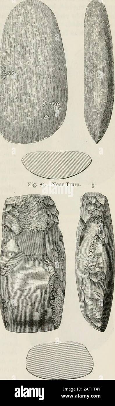 . The ancient stone implements, weapons, and ornaments, of Great Britain. Thoughmuch flatter on one face than theother, it would appear, from theslanting edge, to have been usedas an axe, and not as an adze,unless indeed it were a hand-tool. Another peculiarity of form iswhere the edge, instead of beingas usual nearly in the centre of theblade, is almost in the same plane asone of the faces, like that of a chisel.An implement of this character, froma Picts castle, Clickem-in, nearLerwick, Shetland, is shown in Fig.85. It is in my own collection, havingbeen presented to me by the Rev.Dr. Knowle Stock Photo