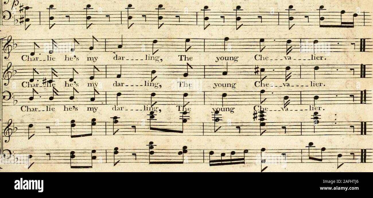 . [A composite music volume containing different issues of Thomson's octavo] collection of the songs of Burns, Sir Walter Scott ...: united to the select melodies of Scotland, and of Ireland & Wales. CBarJlre lies my dar ling, my dar linsr, my dar limr, o Char-lie hes my dar ling, my dar liQg, nw dar ling; C) i- -i. * The Editor suggests the following mode of singing this piece. The 3 Voices to siug the music once thionuh, as it stands: And the Verses engraved lielow, tu he sung hy one voice singly with the upper line of the music, from the marls #. to the word Chorus: — The 3 Voices repeating Stock Photo