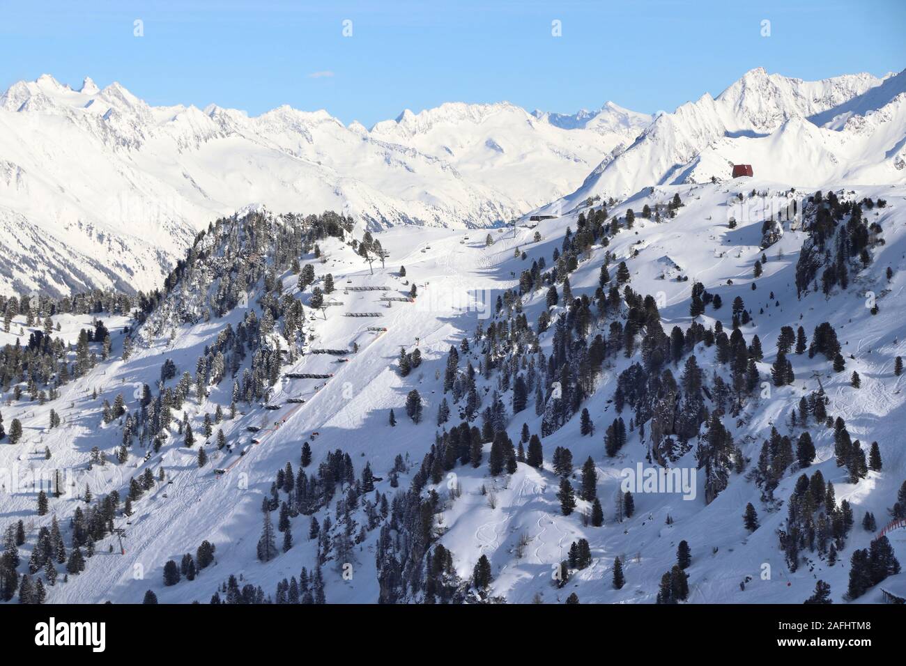 Austria ski resort - Mayrhofen in Tyrol. Austrian Central Alps. Famous Harakiri black run. Stock Photo