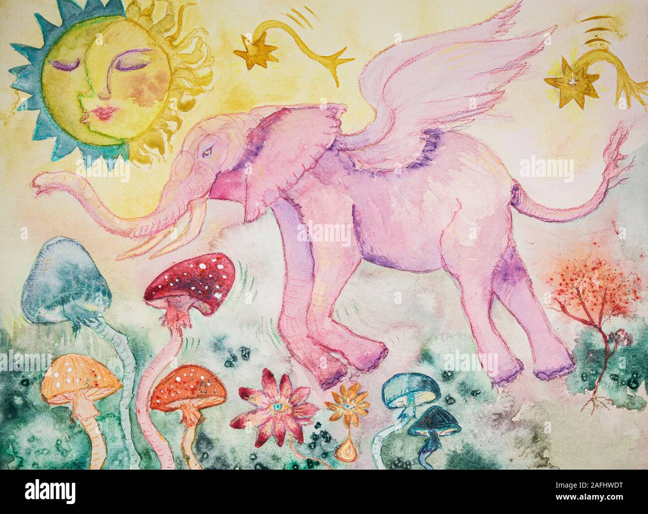 Psychedelic flying pink elephant. The dabbing technique near the edges gives a soft focus effect due to the altered surface roughness of the paper. Stock Photo