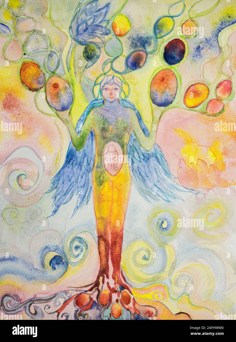 Woman tree of life. The dabbing technique near the edges gives a soft focus effect due to the altered surface roughness of the paper. Stock Photo