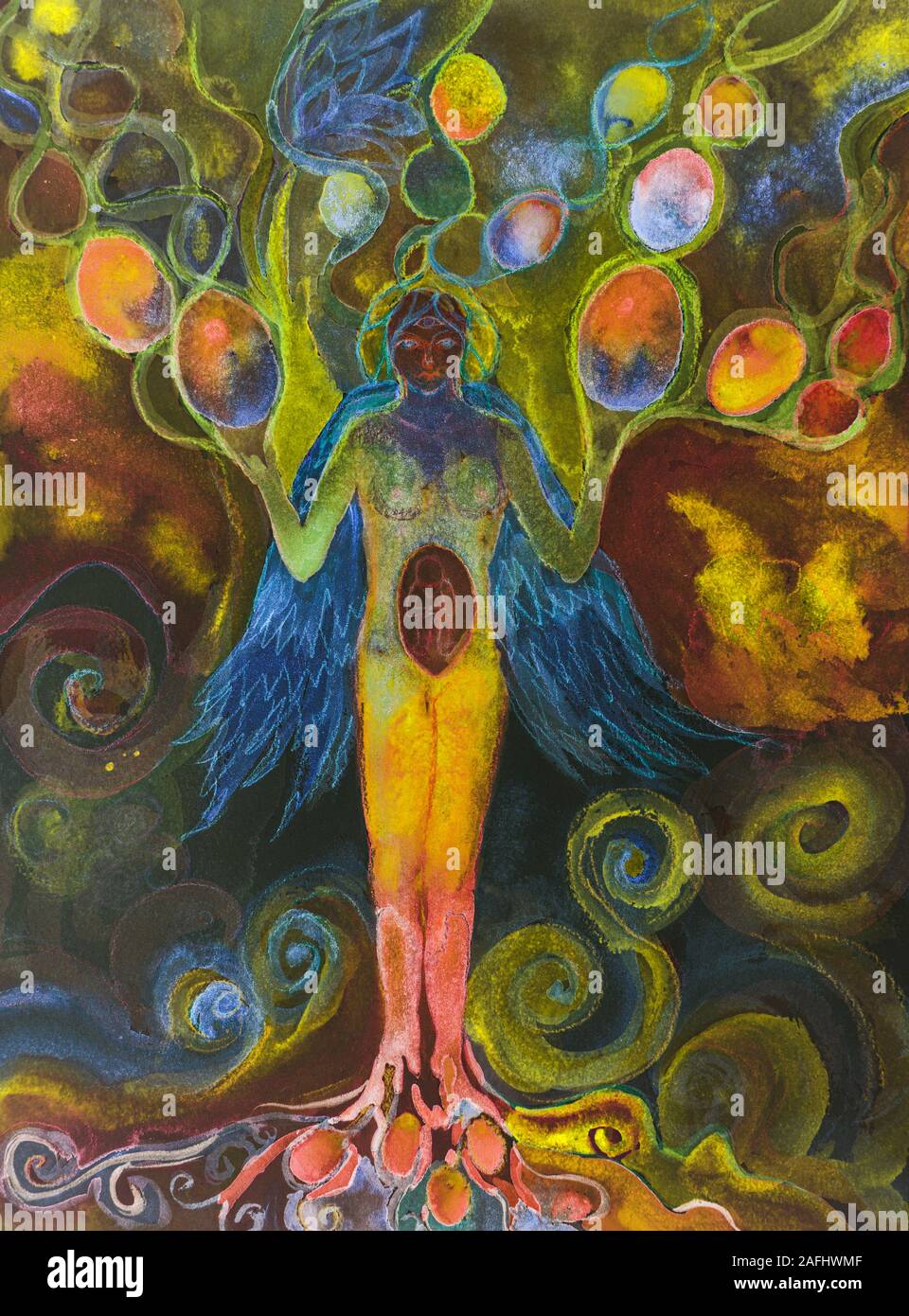 Woman tree of life in the night. The dabbing technique near the edges gives a soft focus effect due to the altered surface roughness of the paper. Stock Photo