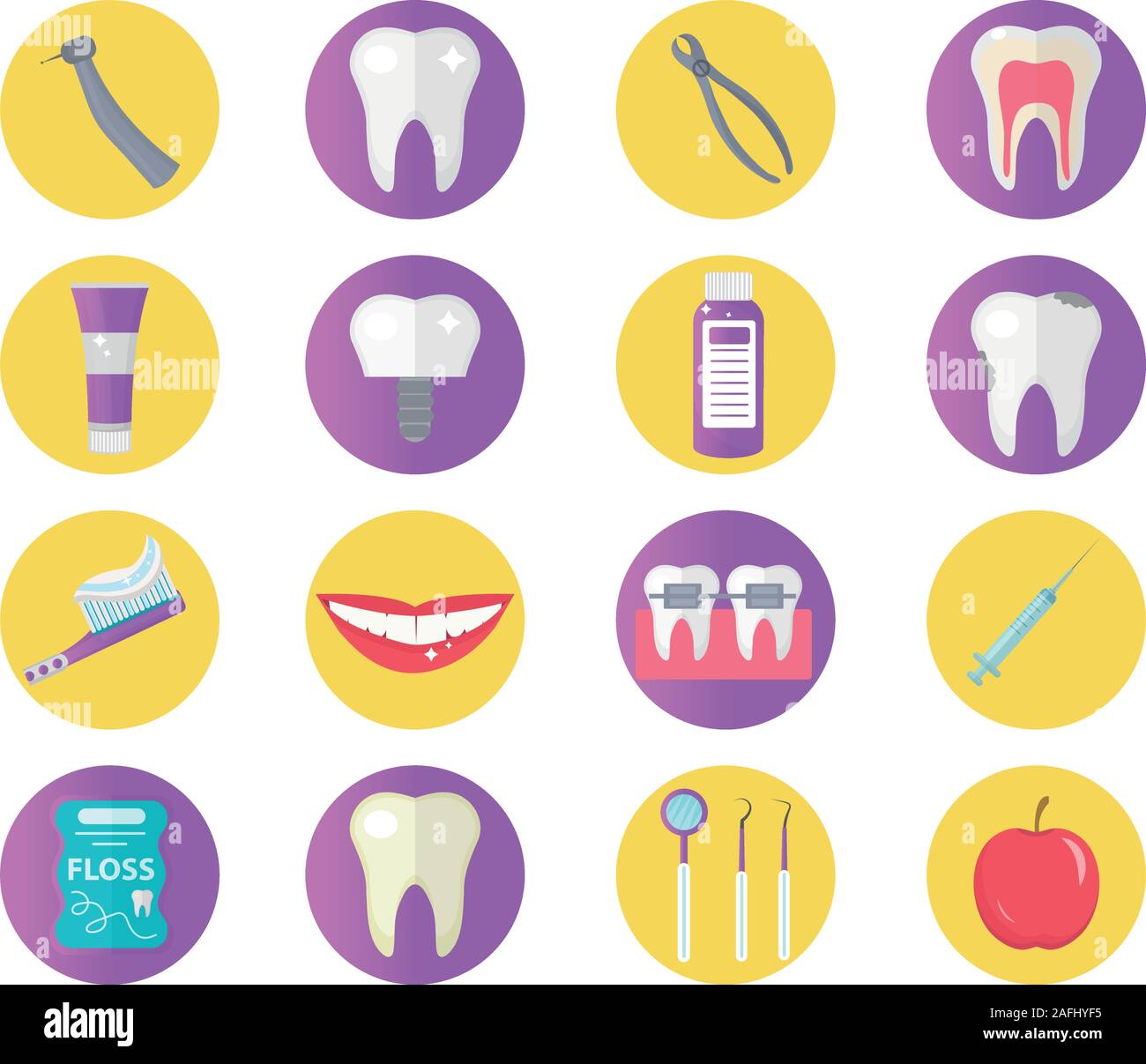 Dental icon set, flat style. Stomatology kit isolated on white background.Dentistry collection of design elements. Vector illustration, clip art Stock Vector
