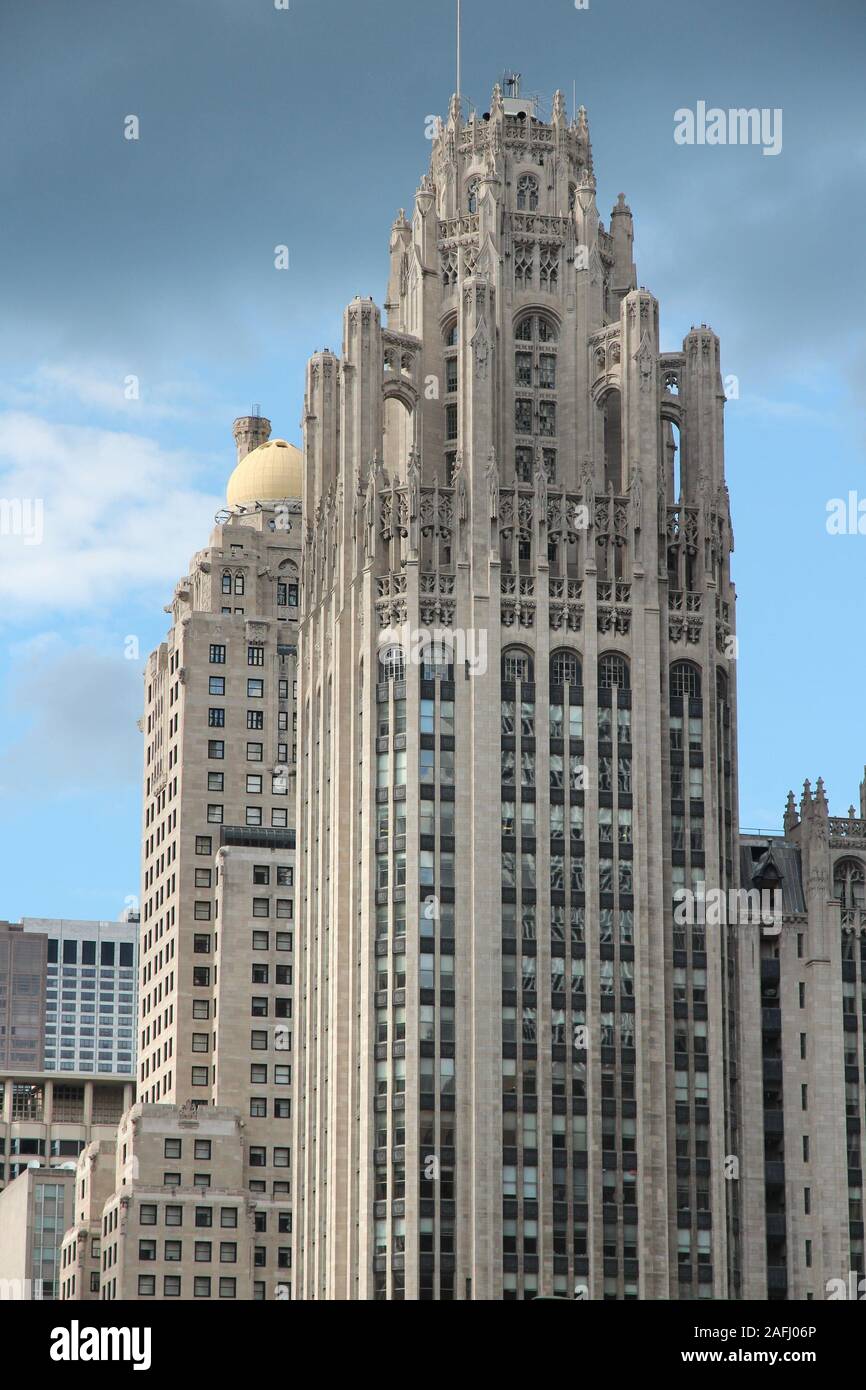 CHICAGO, USA - JUNE 27, 2013: Tribune Tower neo-gothic skyscraper in Chicago. It is 462 ft (141 m) tall and is part of Michigan-Wacker Historic Distri Stock Photo