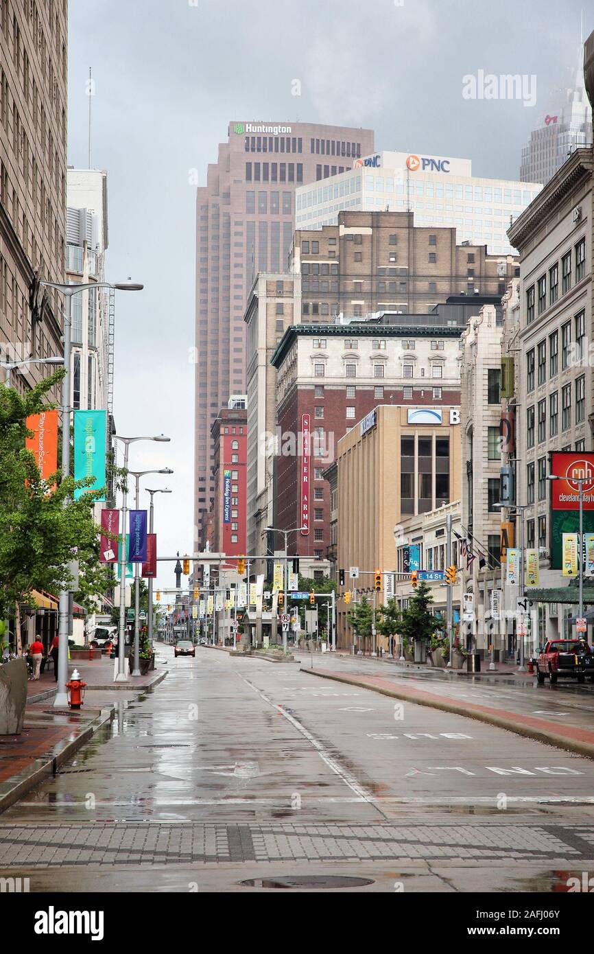CLEVELAND, USA - JUNE 29, 2013: View along famous Euclid Avenue in Cleveland. Cleveland is the 2nd largest urban area in Ohio with more than 2 million Stock Photo