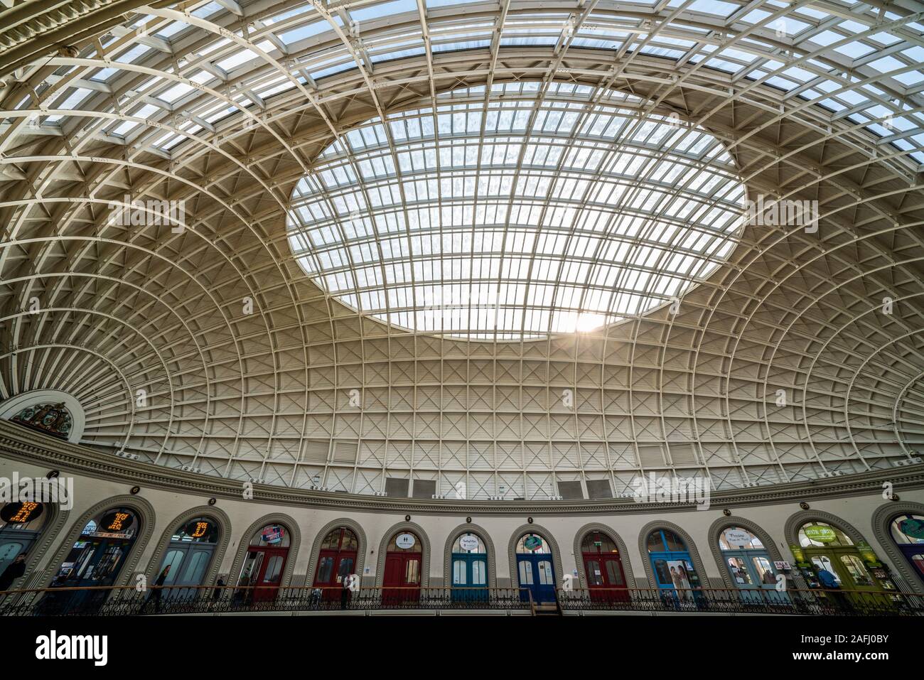 LEEDS, UNITED KINGDOM - AUGUST 13: This is the interior architecture of the Corn Exchange building, a boutique shopping center and popular travel dest Stock Photo