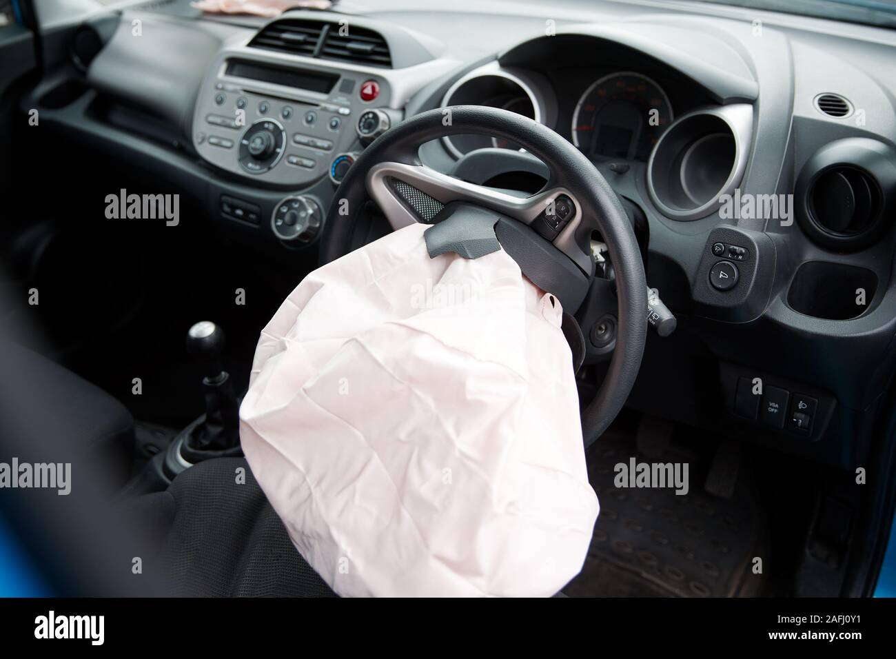 Interior Of Car After Accident With Safety Airbag Deployed Stock Photo