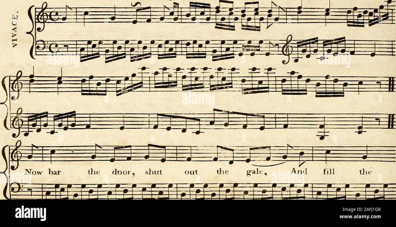 . [A composite music volume containing different issues of Thomson's octavo] collection of the songs of Burns, Sir Walter Scott ...: united to the select melodies of Scotland, and of Ireland & Wales. 2. 3* (P^pi Our parents old,— for so I guess,His thoughtful mind alarmj A thousand spectres of distress,—The ruined crops and farm! » The times are hard,—an odious word, * Im wearied with the sound; — I * j A cuckoo note, for ever heard Since first the sun went round; But must we wait till age and care,* Well pleasd a happier mind I hear, Shall fix our wedding- day; A heart for ever gay; How can h Stock Photo