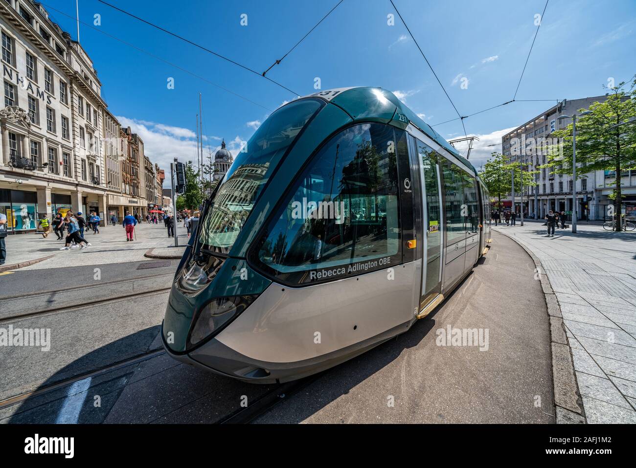NOTTINGHAM, UNITED KINGDOM - AUGUST 15:This is the tram on a tramway line outside the Old Market Square on August 15, 2019 in Nottingham Stock Photo