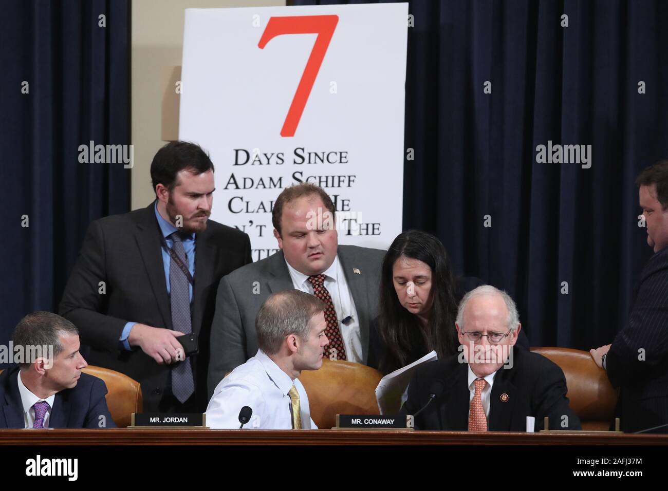 Committee staff assist United States Representative Jim Jordan (Republican of Ohio), center, and US Representative Mike Conaway (Republican of Texas), right, as Democratic members table their requests to call witnesses including Hunter Biden, during a US House Intelligence Committee hearing as part of the impeachment inquiry into U.S. President Donald Trump on Capitol Hill in Washington, U.S. November 20, 2019. At left is Minority Counsel Stephen Castor, US House Permanent Select Committee on Intelligence.Credit: Jonathan Ernst / Pool via CNP | usage worldwide Stock Photo